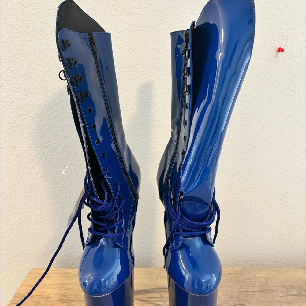 Pleaser Patent Over-the-Knee Lace-Up Boots in Royal Blue
